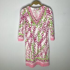 BARBARA GERWIT White Green and Pink Patterned V Neck 3/4 Sleeve Dress Size Small